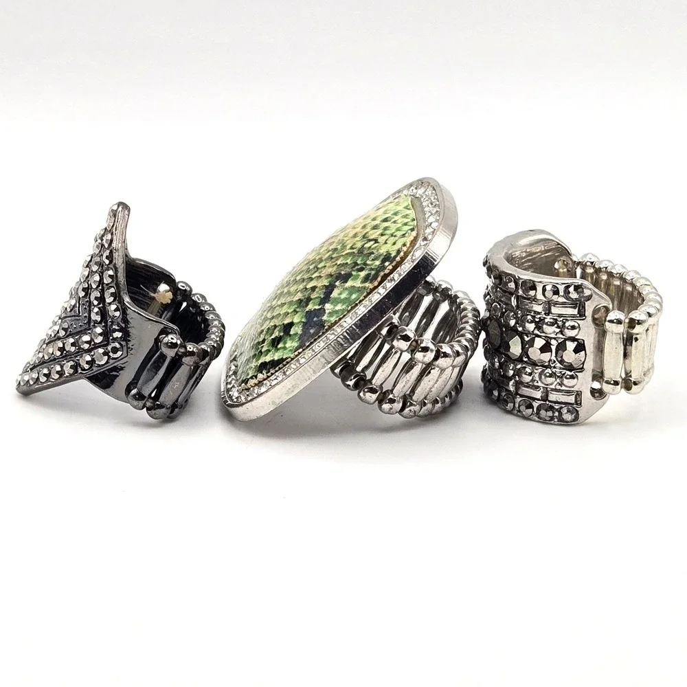 Paparazzi‎ Stretch Rings Set 3 Silver Gunmetal Green Snakeskin Rhinestone